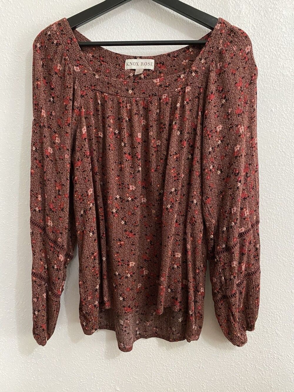 Knox Rose Women’s Burgundy Peasant Long Sleeve Boho Blouse L G48